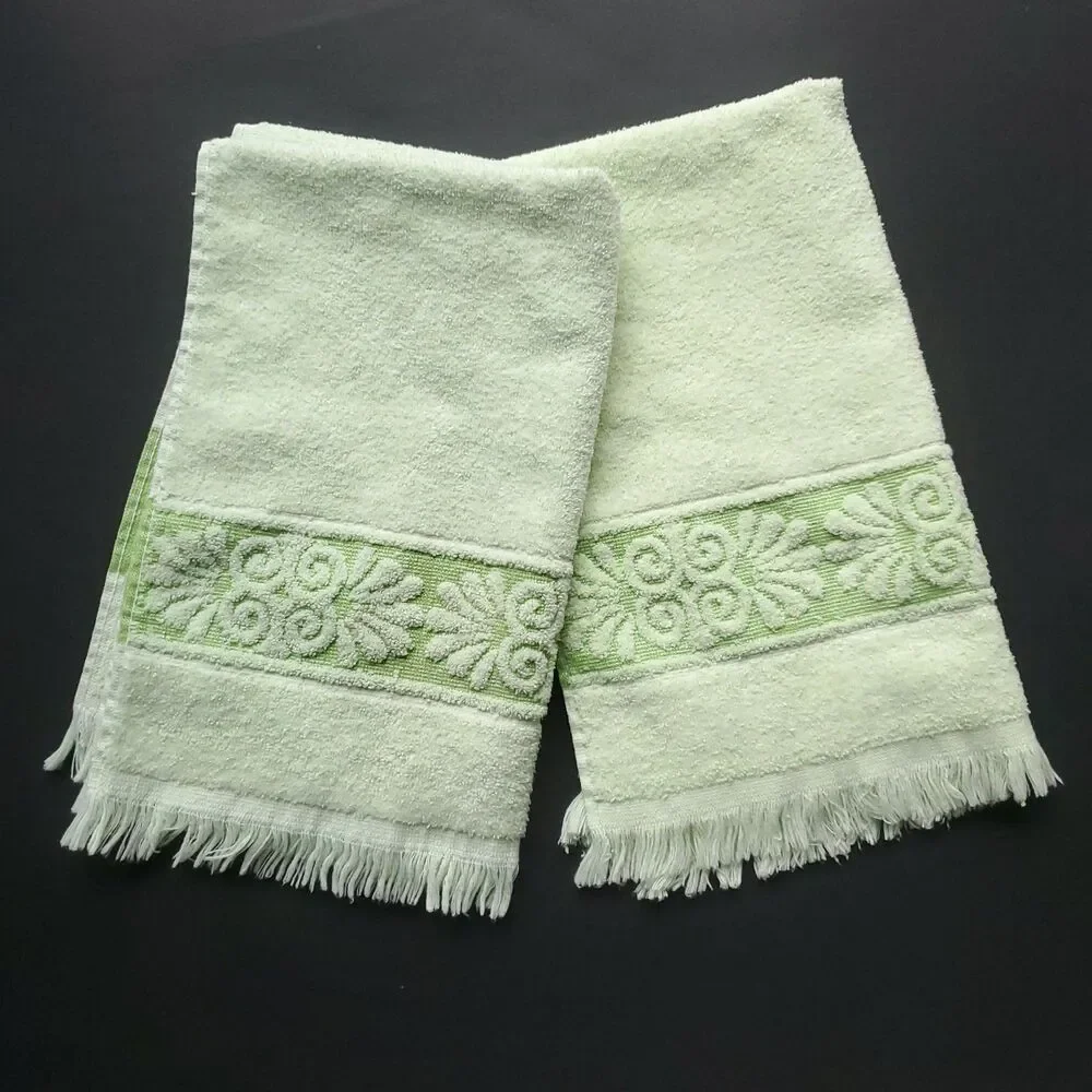 VTG Cannon Hand Towel Lot of 2 Green Sculpted Floral Fringe USA MCM Style READ